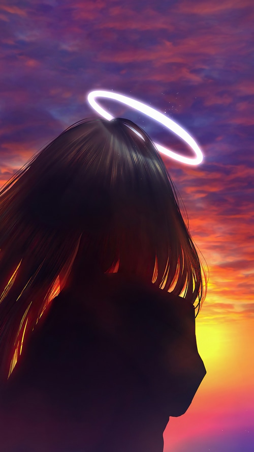 Anime girl with halo against sunset sky