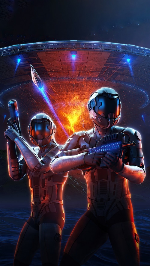 Two soldiers in futuristic armor with guns near a UFO