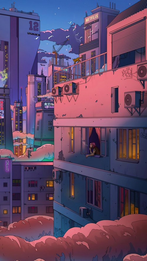 Cyberpunk city with Netflix building and a woman smoking