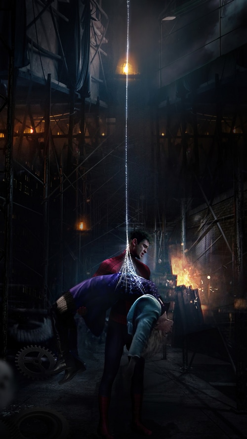 Spider-Man carrying Gwen Stacy in a dark industrial setting