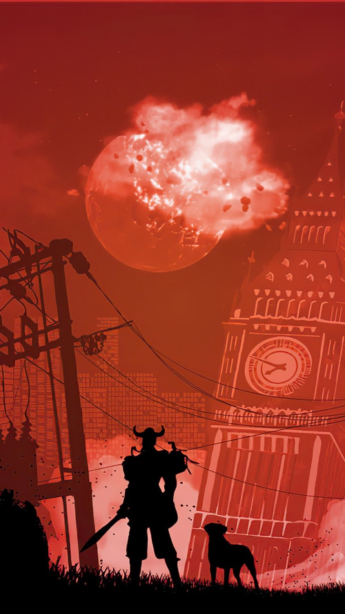 Fallout 4K minimalist silhouette of a warrior and dog