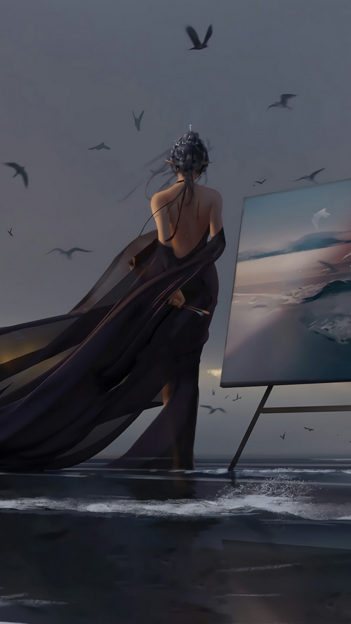 Fantasy girl painting a seascape with birds flying