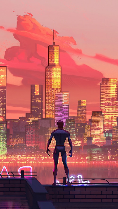 Spider-Man overlooking a neon city at sunset