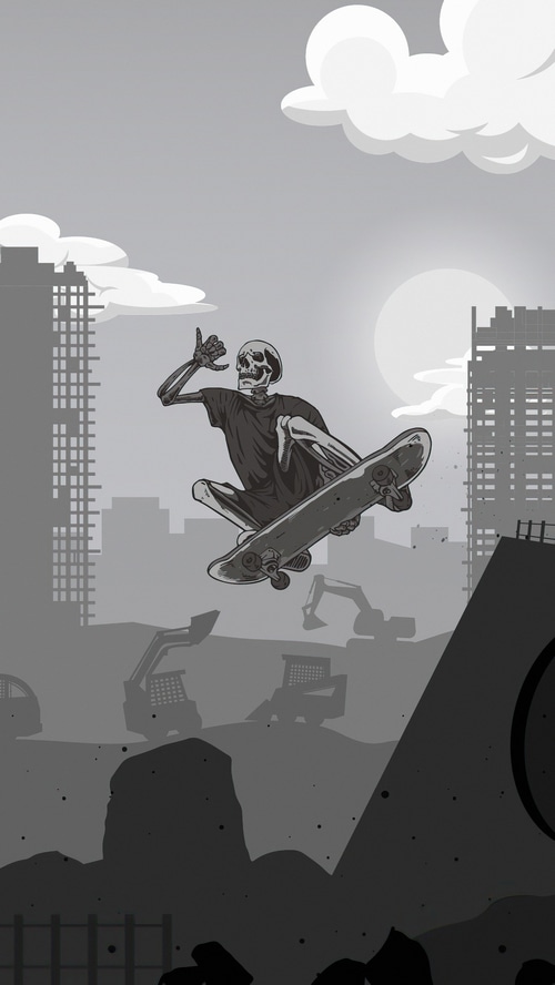Skeleton Skateboarder in Ruined City