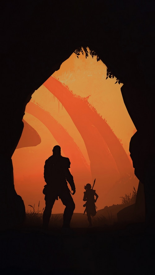 Kratos and Atreus in a cave at sunset