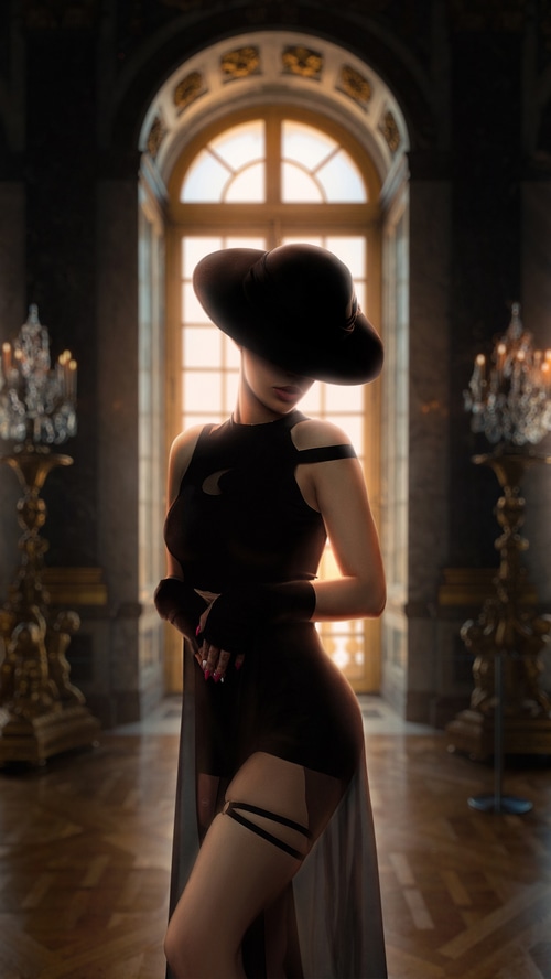 Woman in black hat and dress in ornate room