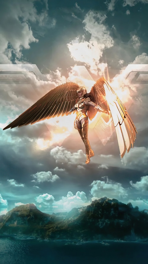 Wonder Woman with Golden Wings Flying Over Mountains