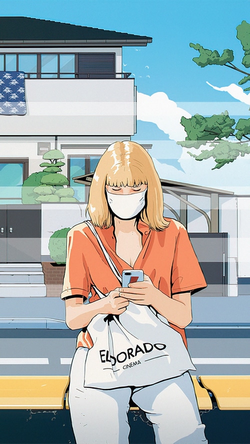 Woman with mask and bag at Eldorado Cinema