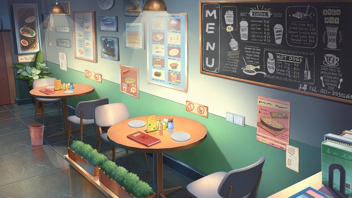 Cafe interior with tables and menu board