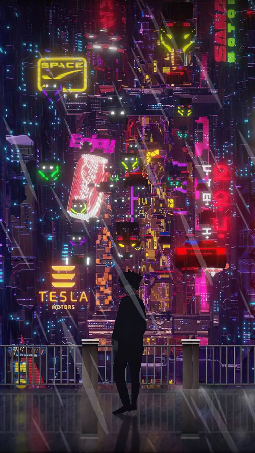 Cyberpunk city with Tesla and Space neon signs