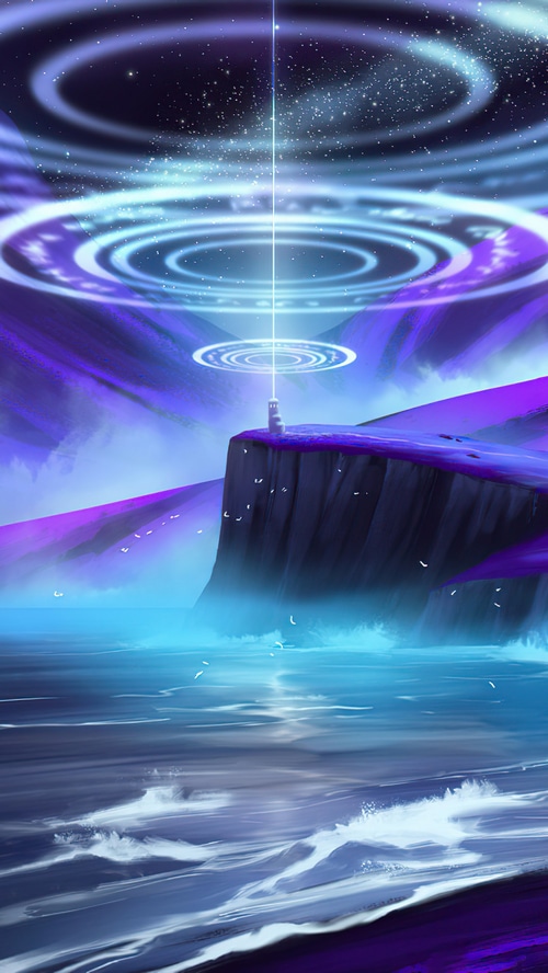 Digital Art of a Lighthouse with Cosmic Rings