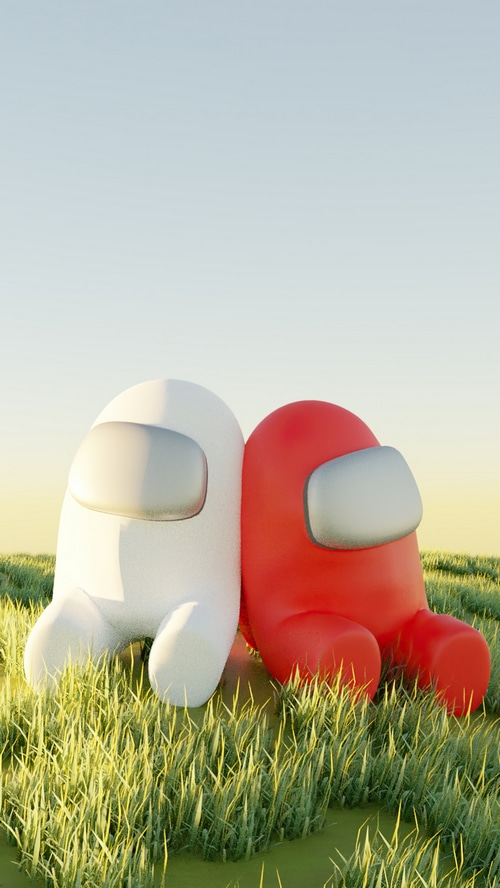 Two Among Us characters in a grassy field