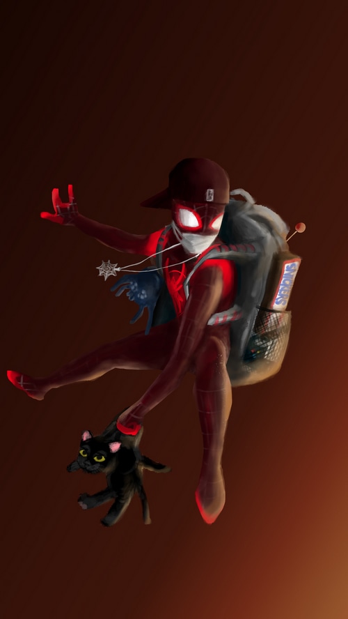 Spider-Man with a backpack and a black cat