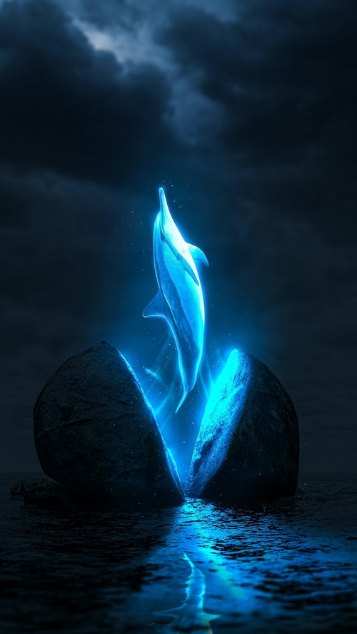Digital art of a glowing dolphin emerging from rocks
