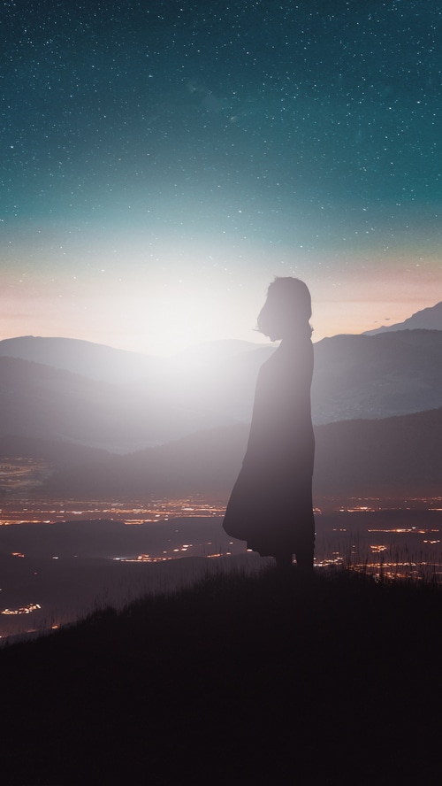 Silhouette of a person overlooking a city at night