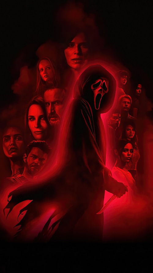 Scream 2022 movie poster with Ghostface and cast