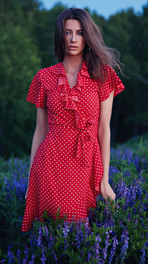 Model in a red polka dot dress in a field