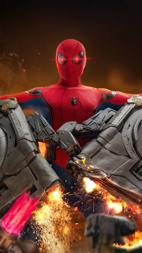 Spider-Man with glowing eyes and mechanical arms