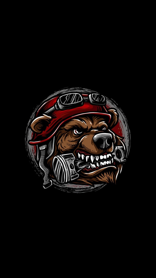 Bear wearing a helmet and gas mask