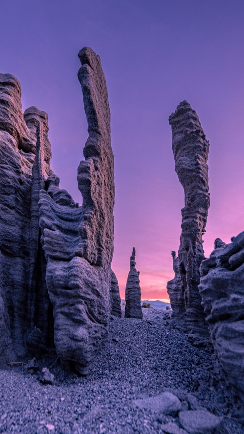 Tufa formations in a canyon at sunset