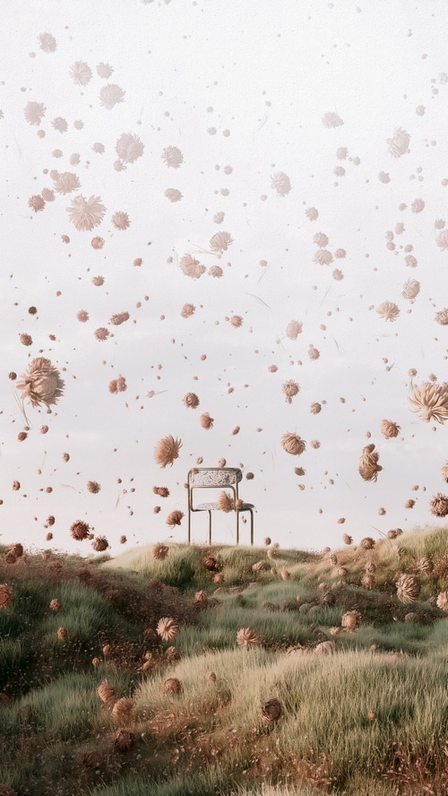 Digital art of a chair in a field of flowers