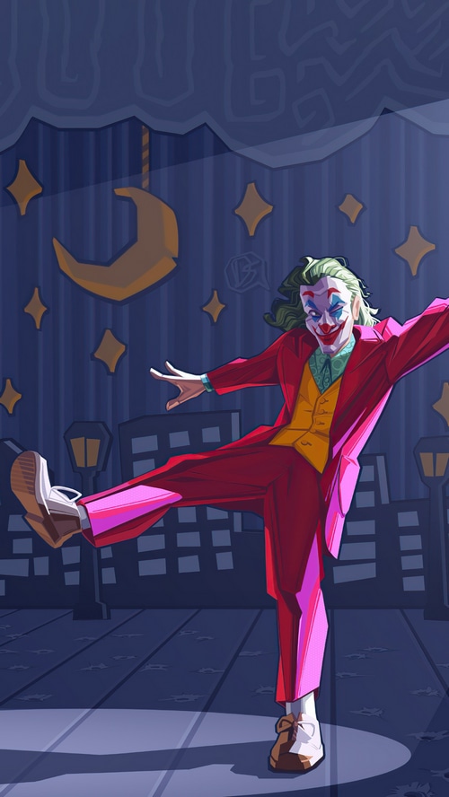 Joker dancing in front of a city backdrop