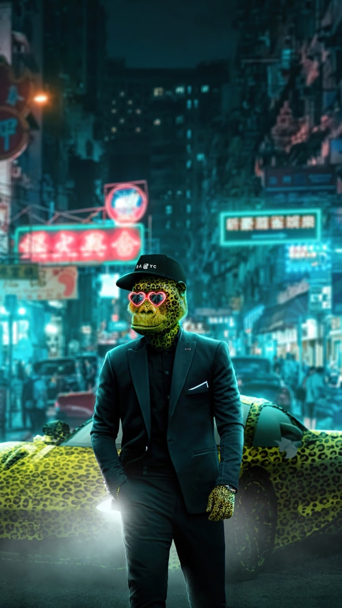 NFT Ape in a Suit with Leopard Car in Neon City