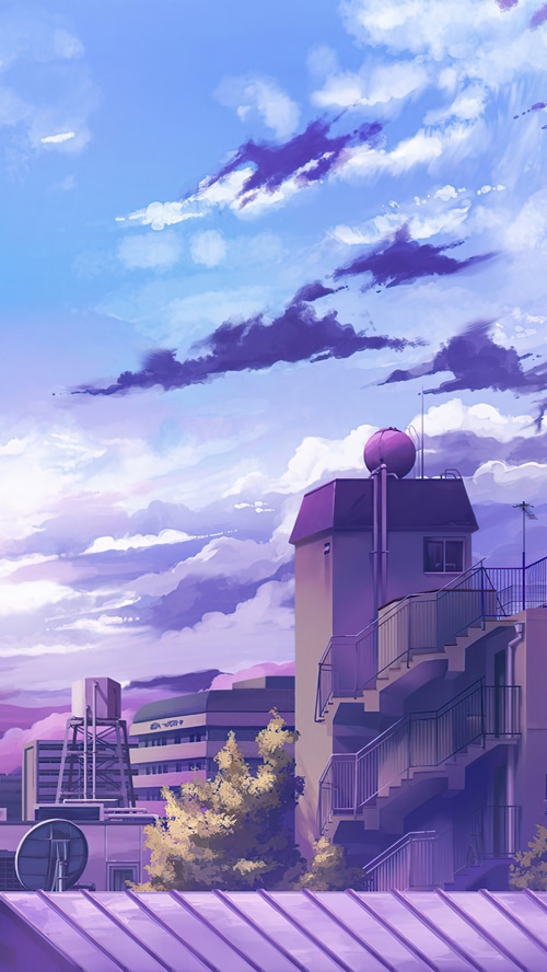 Anime cityscape with purple clouds and buildings