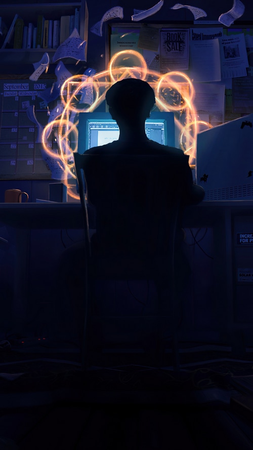 Person working on computer with magical energy