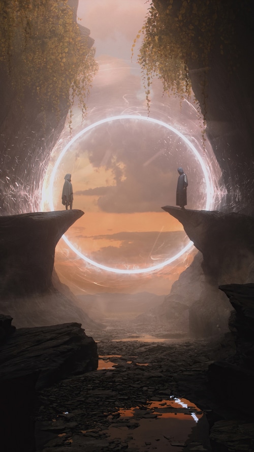 Two figures stand on cliffs facing a glowing portal