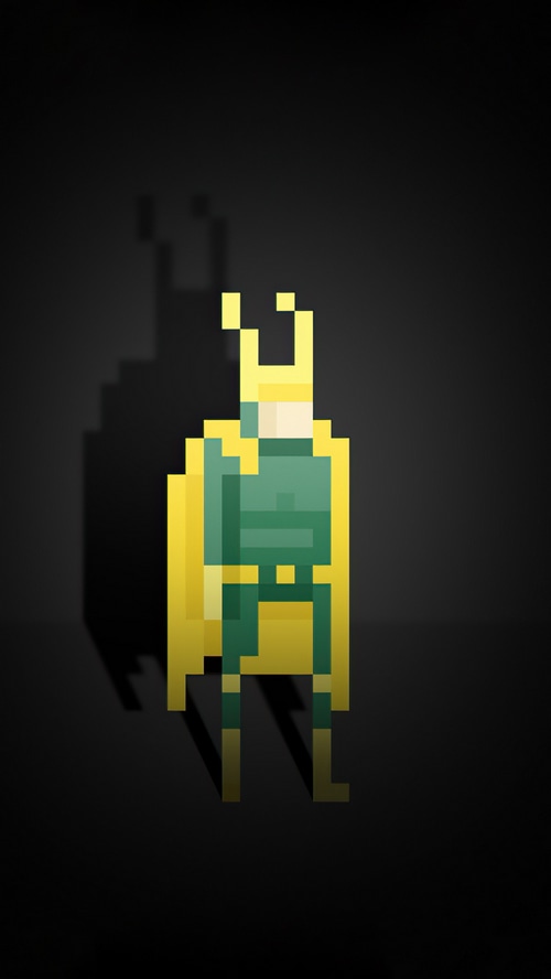 Pixel art of Loki with a yellow cape