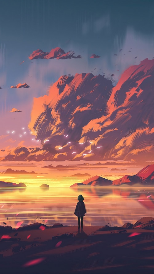 A lone figure watches a vibrant sunset over a calm body of water.
