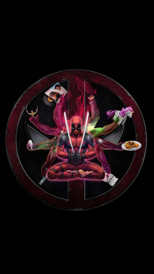 Deadpool meditating with multiple arms and items
