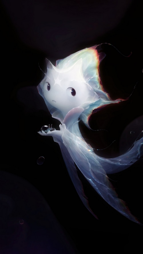 Digital art of a glowing jellyfish-like creature holding a small crab