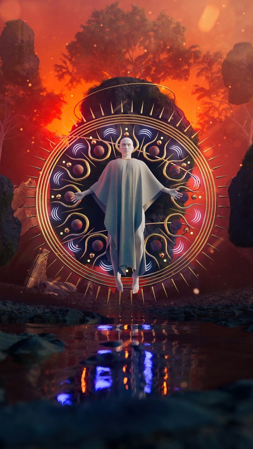 Digital art of a floating figure in a cosmic portal
