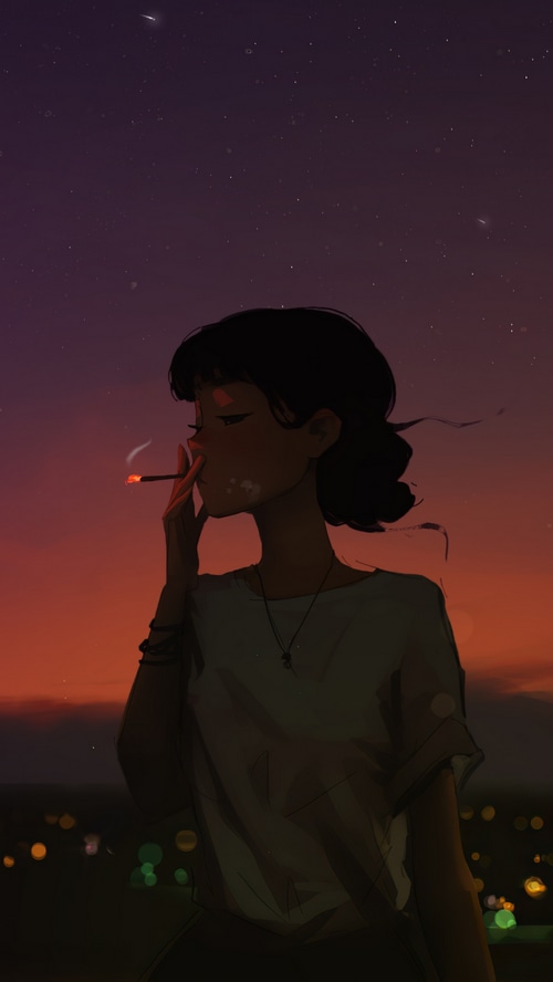 Artwork of a girl smoking at sunset
