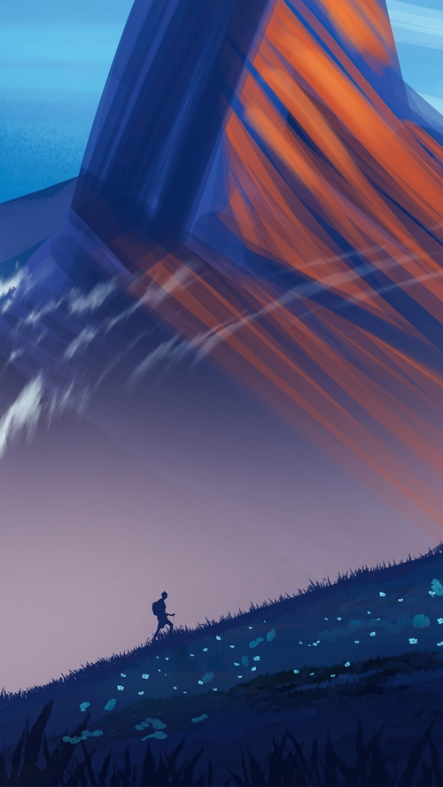 Digital art of a hiker on a grassy hill
