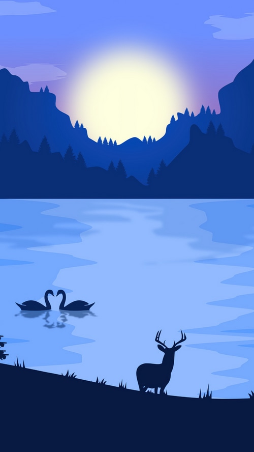 Deer and swans by a lake at sunset
