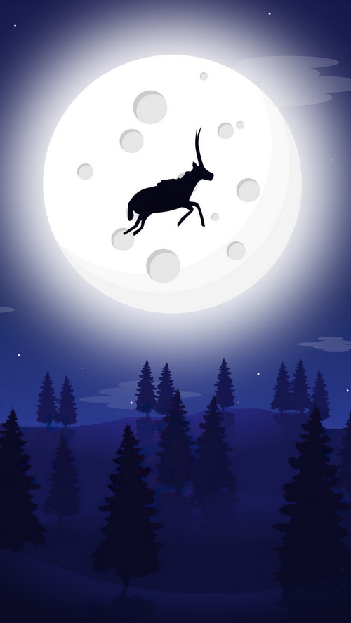 Silhouette of a deer jumping in front of a large moon