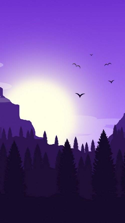 Minimalist purple landscape with trees and birds