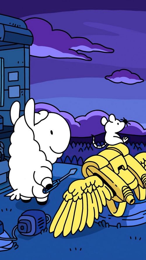 A sheep and a mouse in a surreal landscape