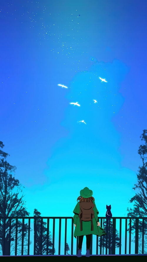 Girl and cat watching birds fly in the sky
