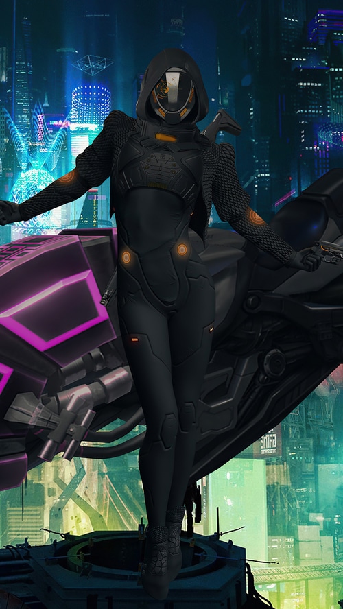 Cyberpunk character with a futuristic motorcycle in a neon city