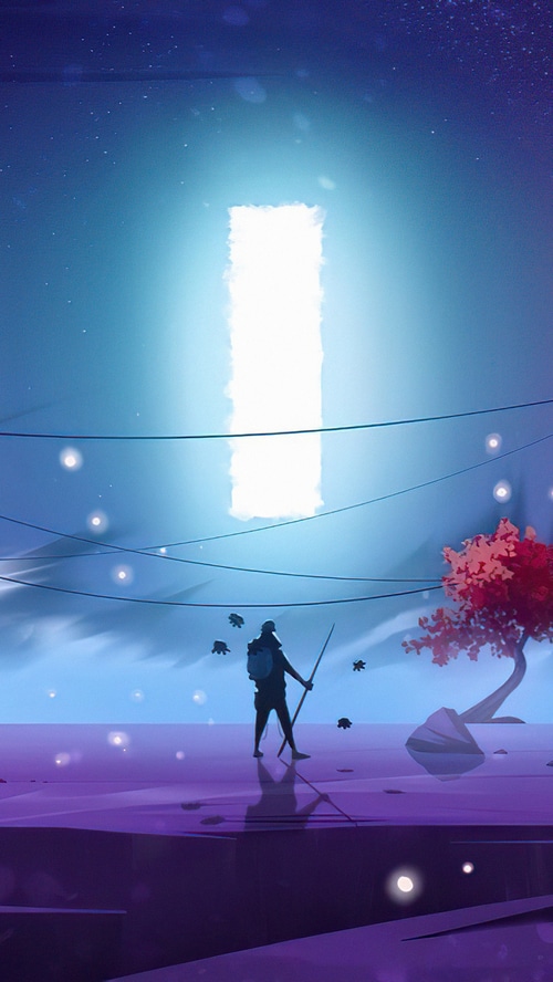 Silhouette warrior with spear under bright light