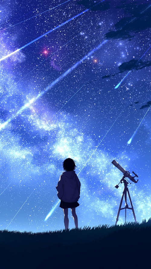 Anime girl watching shooting stars with telescope