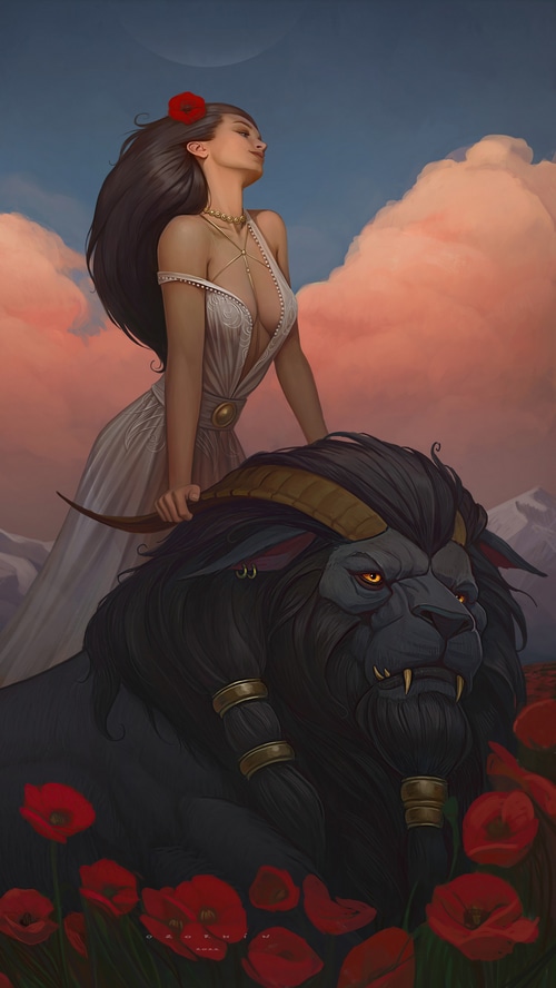 Fantasy girl with a beast and poppies