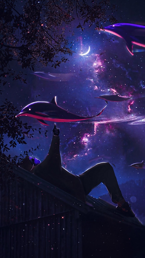 Person pointing at dolphins in a starry sky