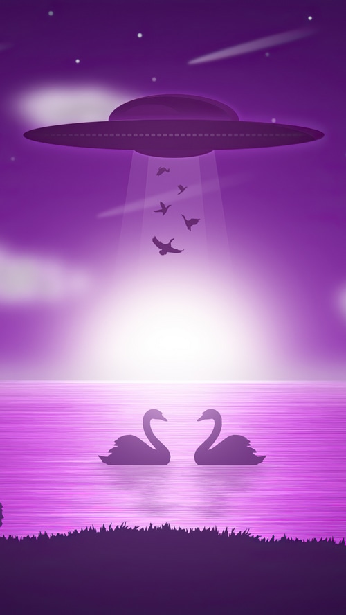 UFO abducting birds over swans on a lake