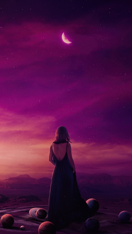 Woman in a dark dress on a planet with moons