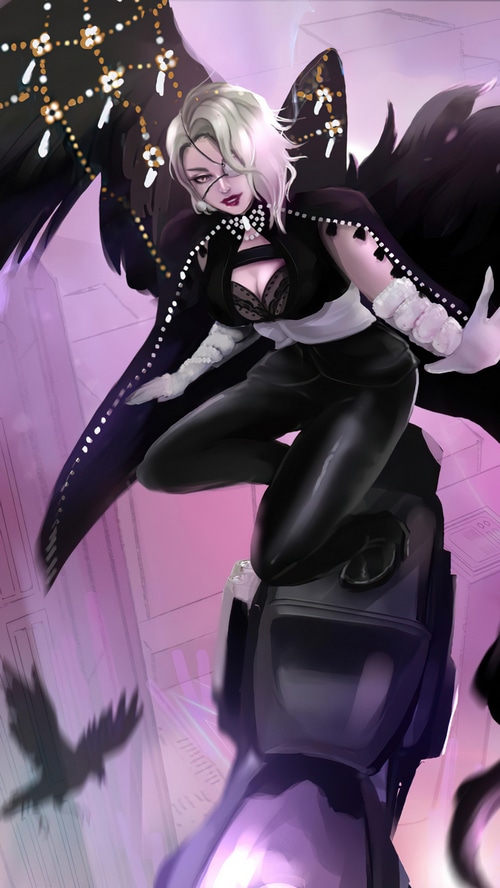 Raven-winged woman in black outfit on a structure